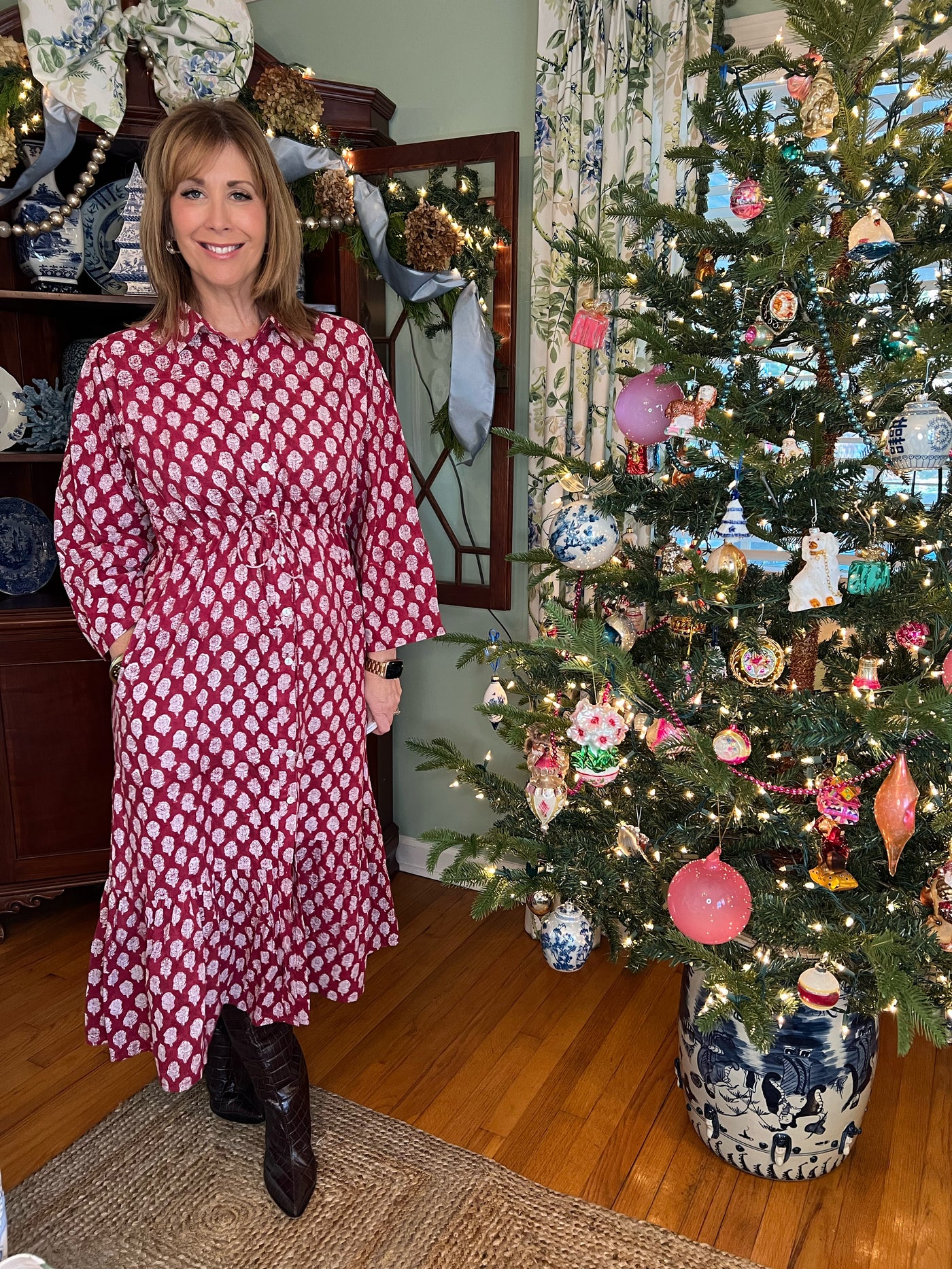 Emory Blockprint Midi Dress in Red