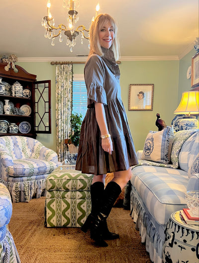 Caroline Ruffled Collar Blockprint Mini Dress in Brown