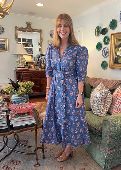 Worth Block Print Scalloped Midi Dress in Blue Chinoiserie