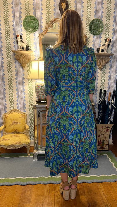 Worth Block Print Scalloped Midi Dress in Blue Harvest