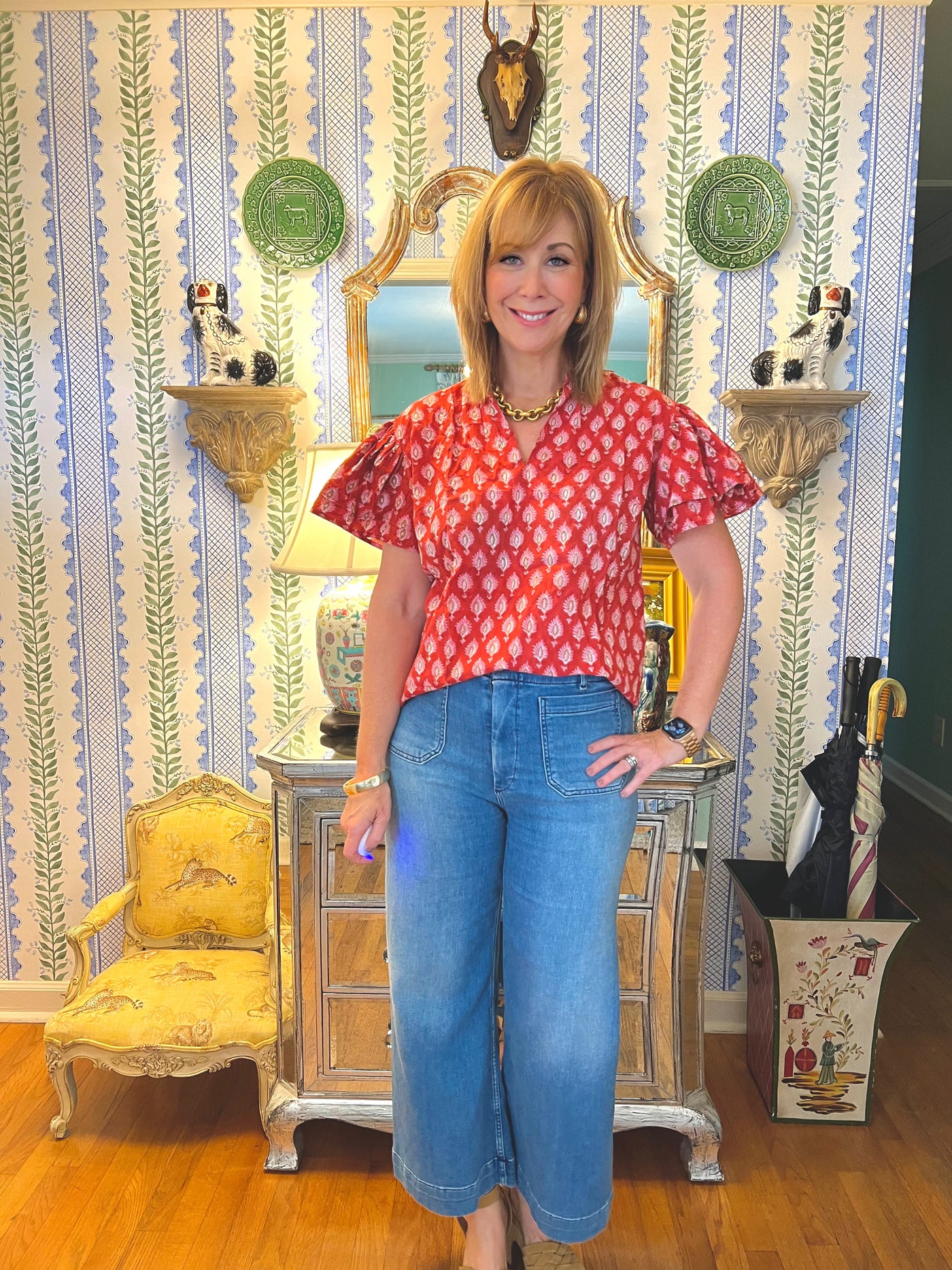 Honey Ruffle Sleeve Block Print Top in Red