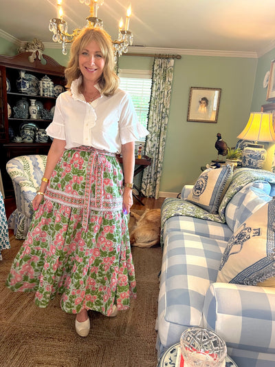 Maria Floral Block Print Maxi Skirt in Geranium