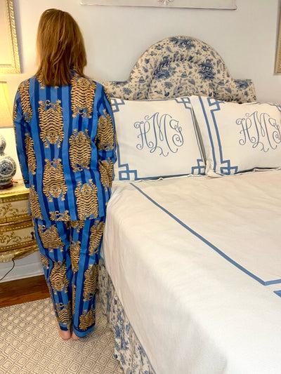 Tibetan Tiger Blockprint Pajama Set in Blue