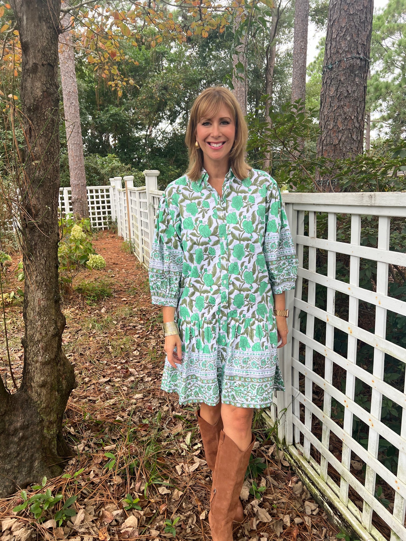 Morgan Block Print Flounce Mini Dress in Green