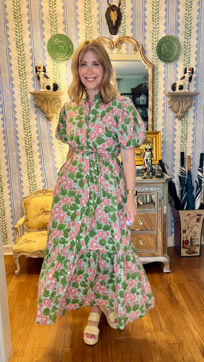 Hinton Floral Block Print Maxi Dress in Geranium
