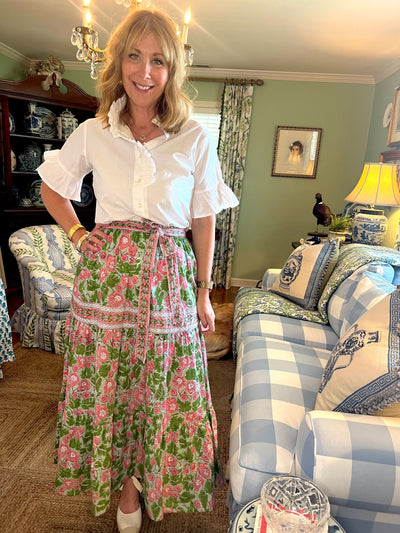 Maria Floral Block Print Maxi Skirt in Geranium