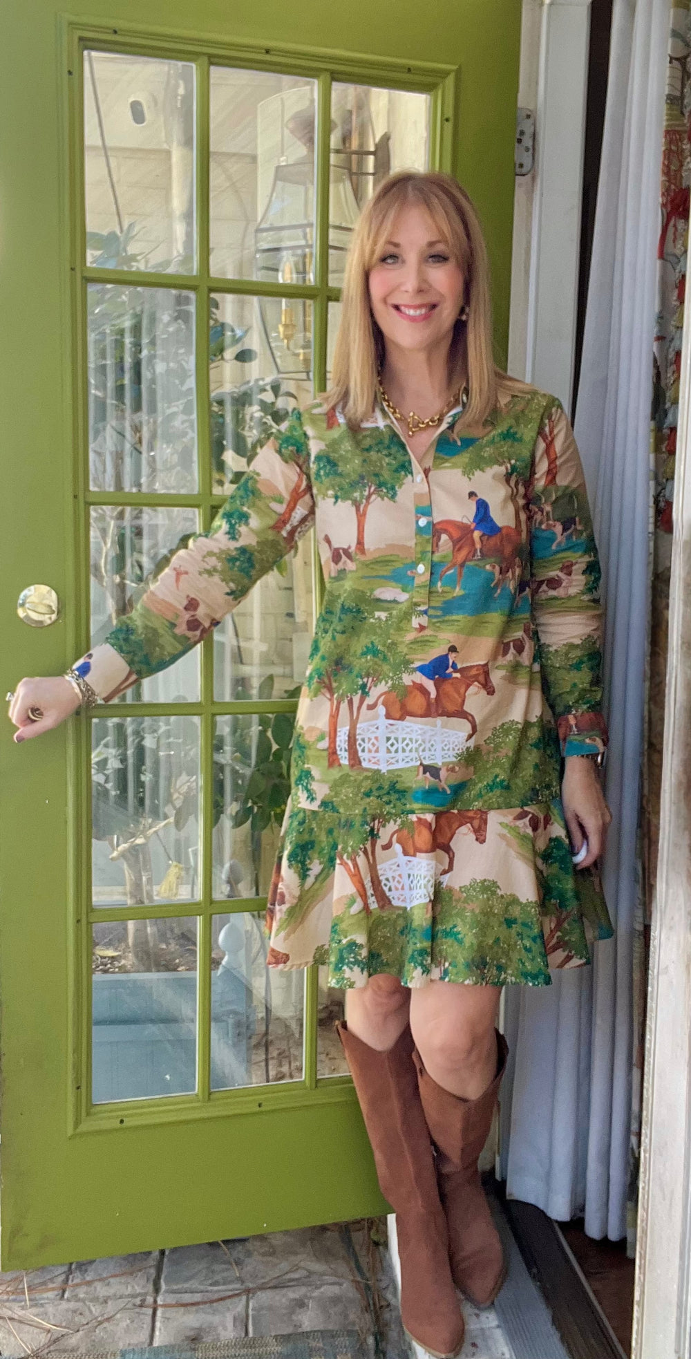 Ophelia Block Print Flounce Mini Dress in Hunt Club |  Dress - Miss Madigan | Women's Fashion Boutique