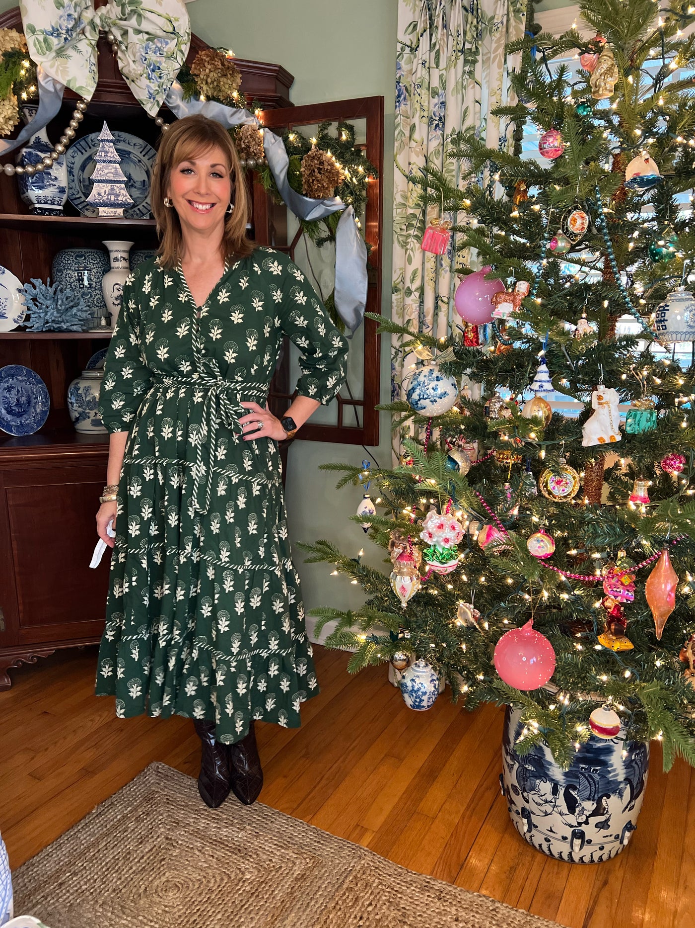 Marjorie Block Print Midi Dress in Green