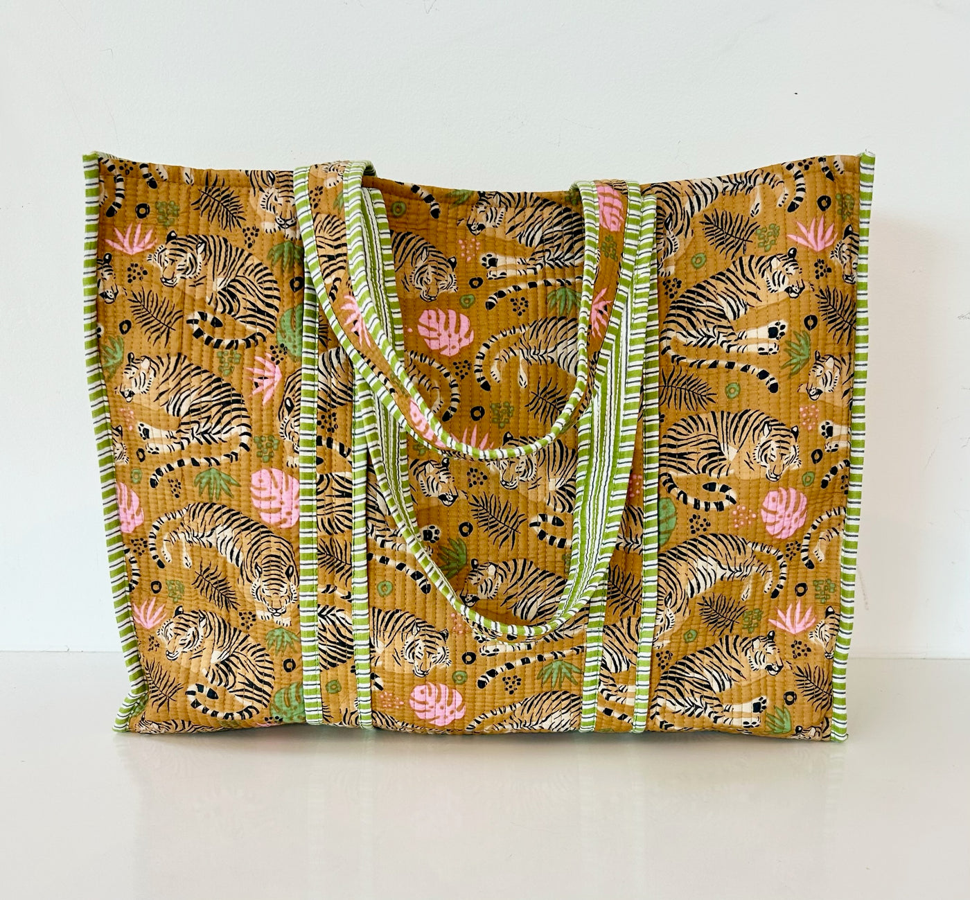 Block Print Tan Tibetan Tiger Quilted Tote