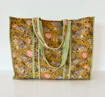 Block Print Tan Tibetan Tiger Quilted Tote