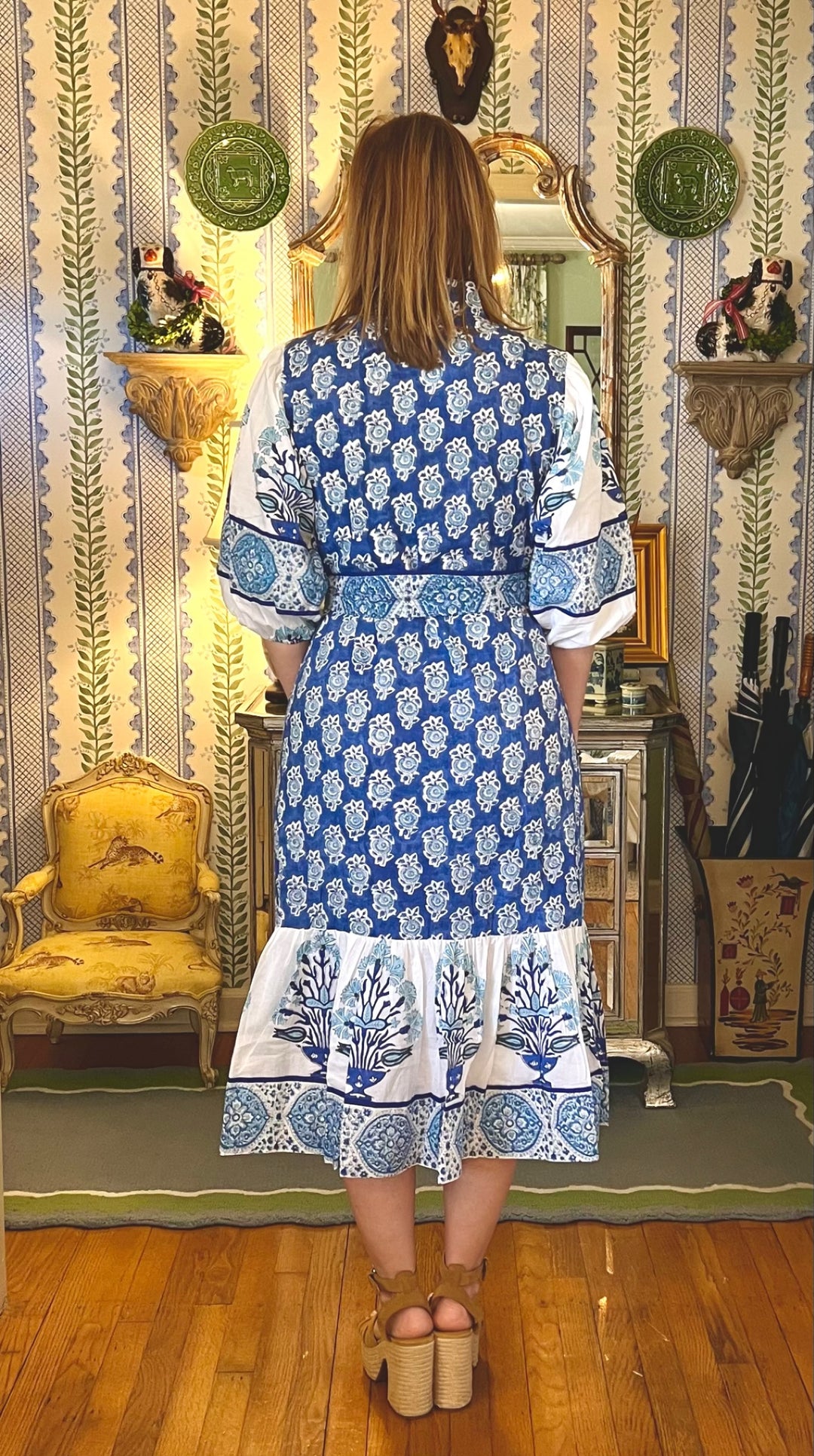Charleston Blockprint Midi Dress in Blue Medallion |  Dress - Miss Madigan | Women&