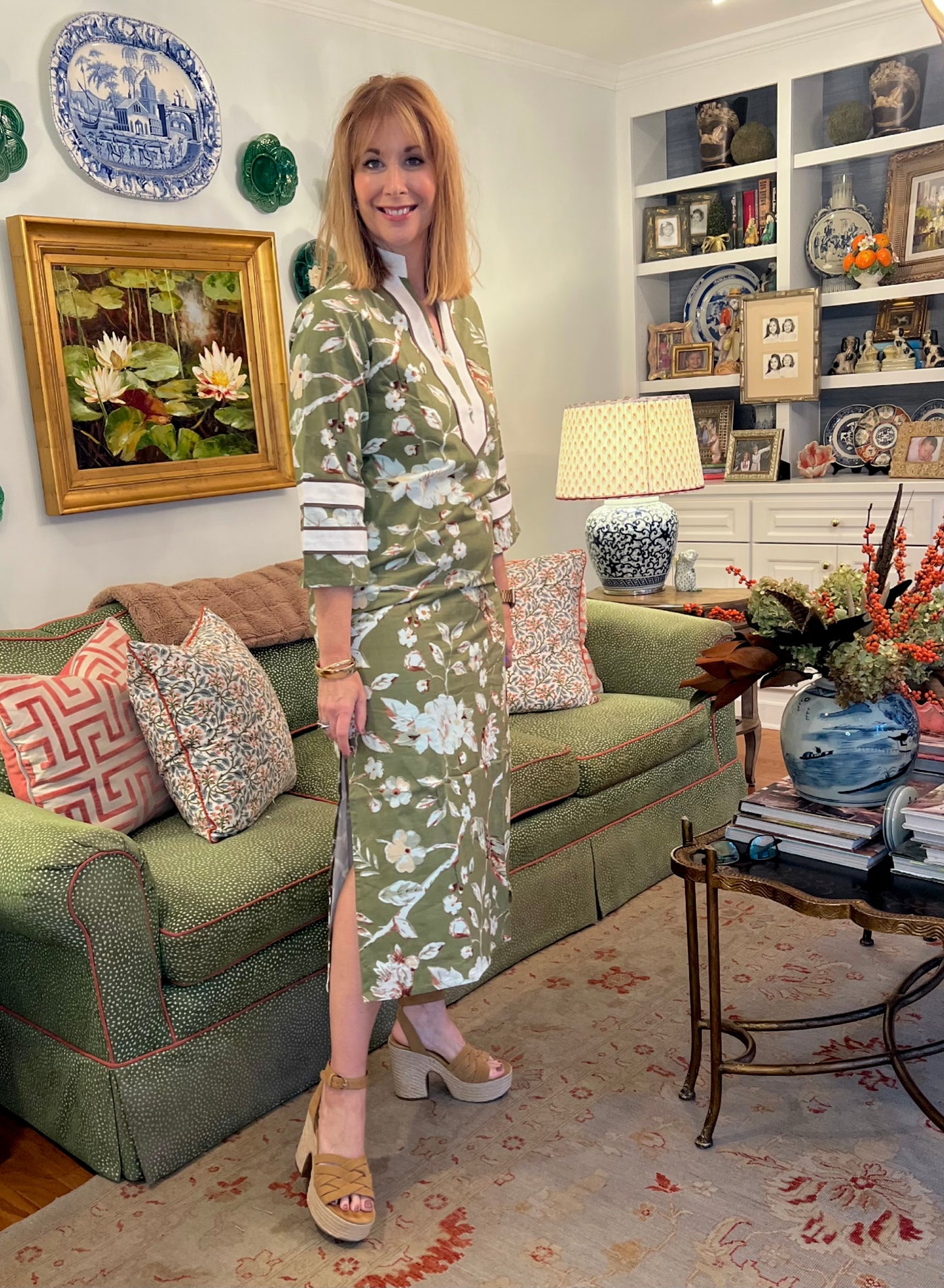 Lucy Collared Caftan Dress in Green Bird