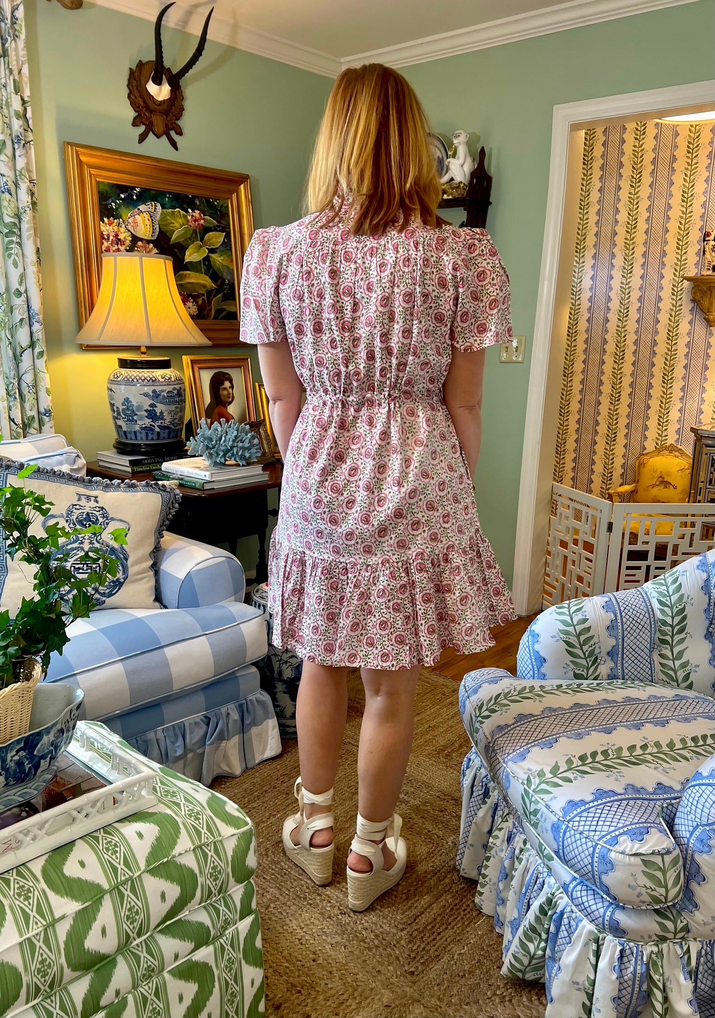 Portofino Block Print Drawstring Mini Dress in Pink Fields
