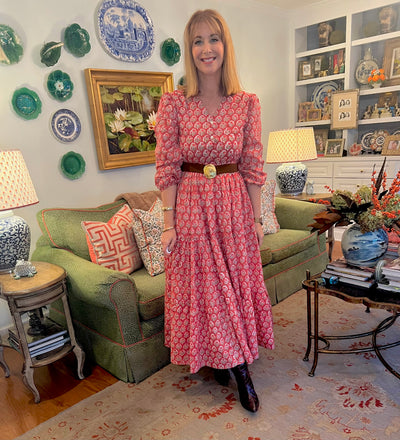 Taylor Blockprint Midi Dress in Orange/Brown