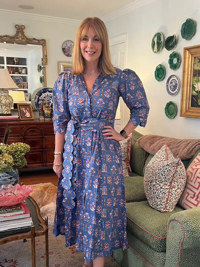 Worth Block Print Scalloped Midi Dress in Blue Chinoiserie