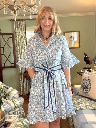 Caroline Ruffled Collar Blockprint Mini Dress in Blue Floral