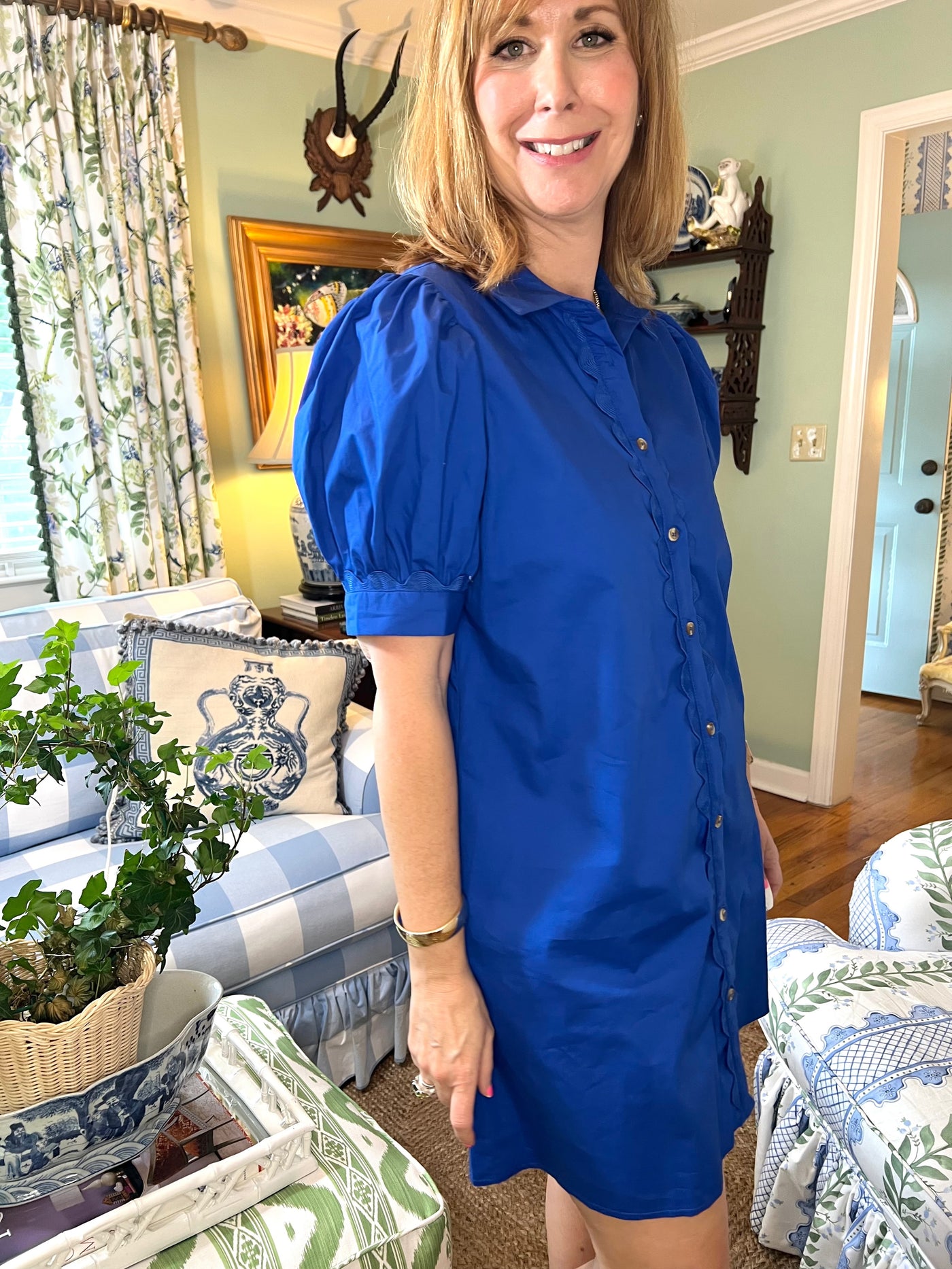 Ivy Shirt Dress with Trim in Blue