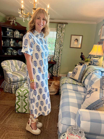 Aerin Block Print Cuffed Midi Dress in Blue