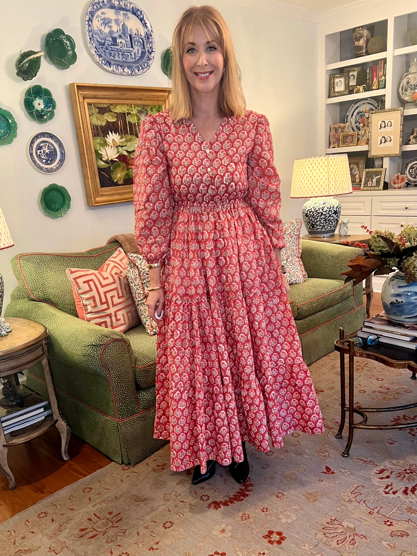 Taylor Blockprint Midi Dress in Orange/Brown