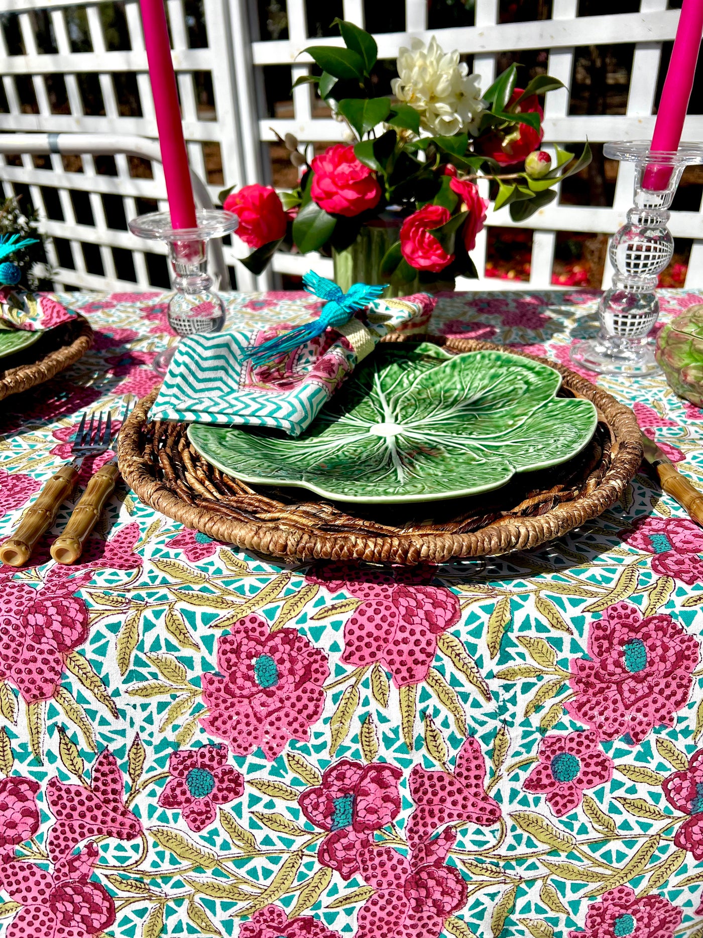 Leaping Lillies Floral Blockprint Tablecloth