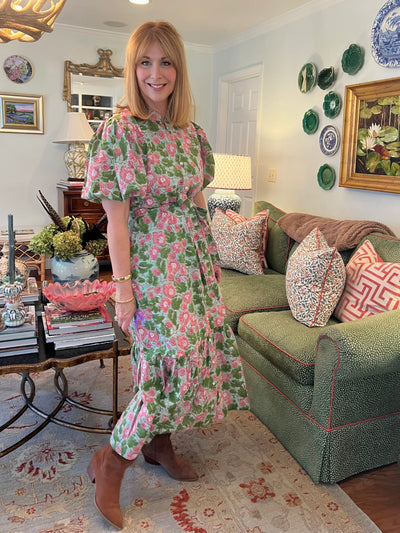 Hinton Floral Block Print Maxi Dress in Geranium