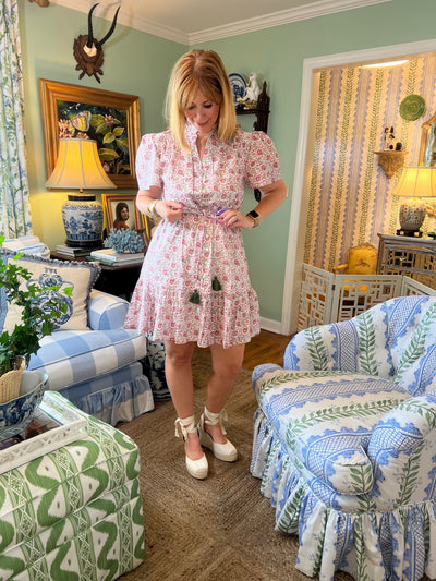 Portofino Block Print Drawstring Mini Dress in Pink Fields