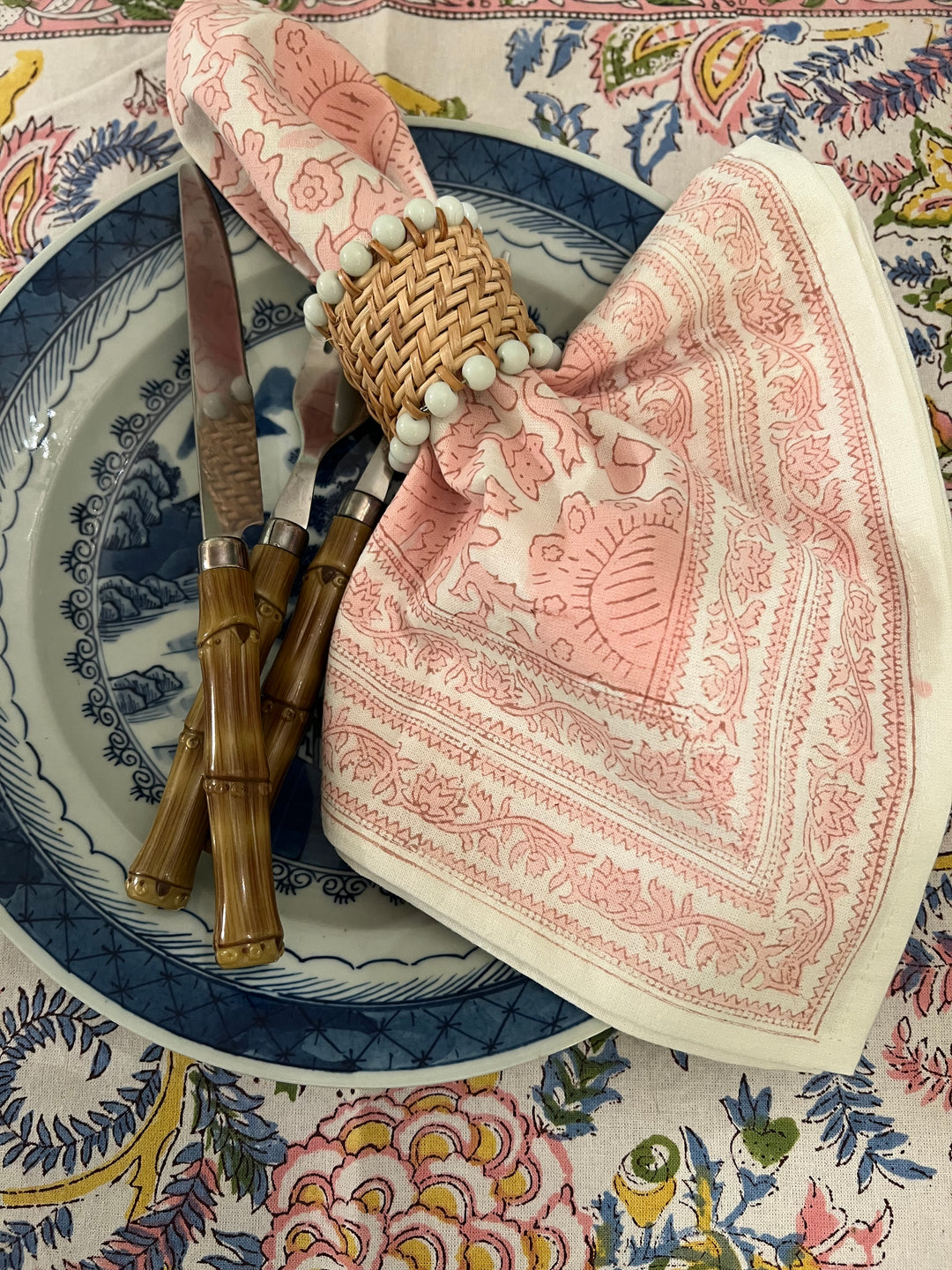 Birds of a Feather Block Print Napkin in Pink |  Napkins - Miss Madigan | Women&