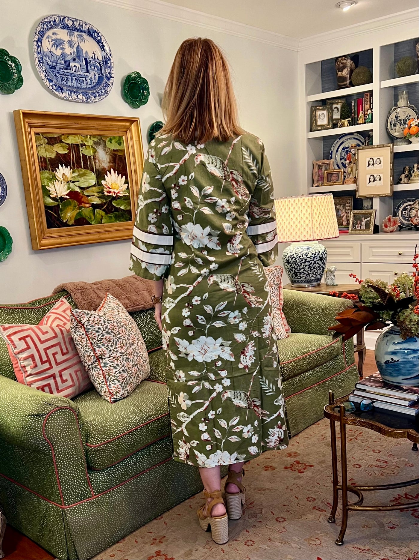 Lucy Collared Caftan Dress in Green Bird