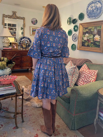 Caroline Ruffled Collar Blockprint Mini Dress in Blue Chinoiserie