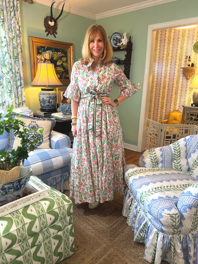 Caroline Ruffled Collar Blockprint Maxi Dress in Pink Floral
