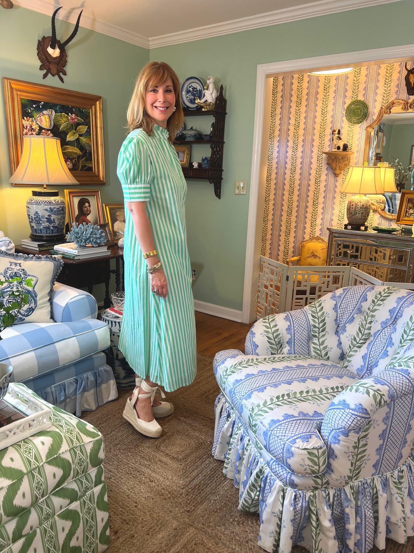 Baker Striped Ruffle A-line Midi in Green