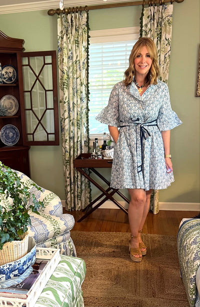 Caroline Ruffled Collar Blockprint Mini Dress in Blue Floral