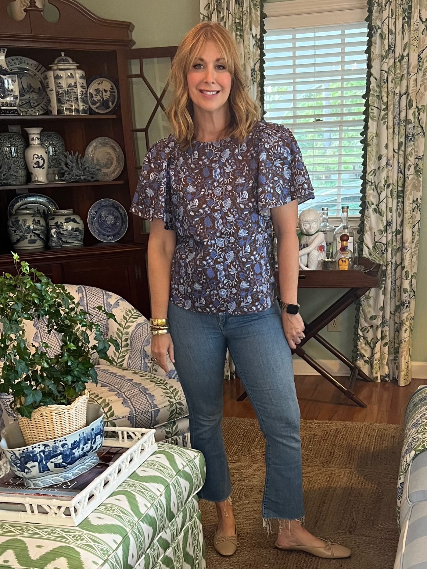Bailey Floral Top in Blue & Brown
