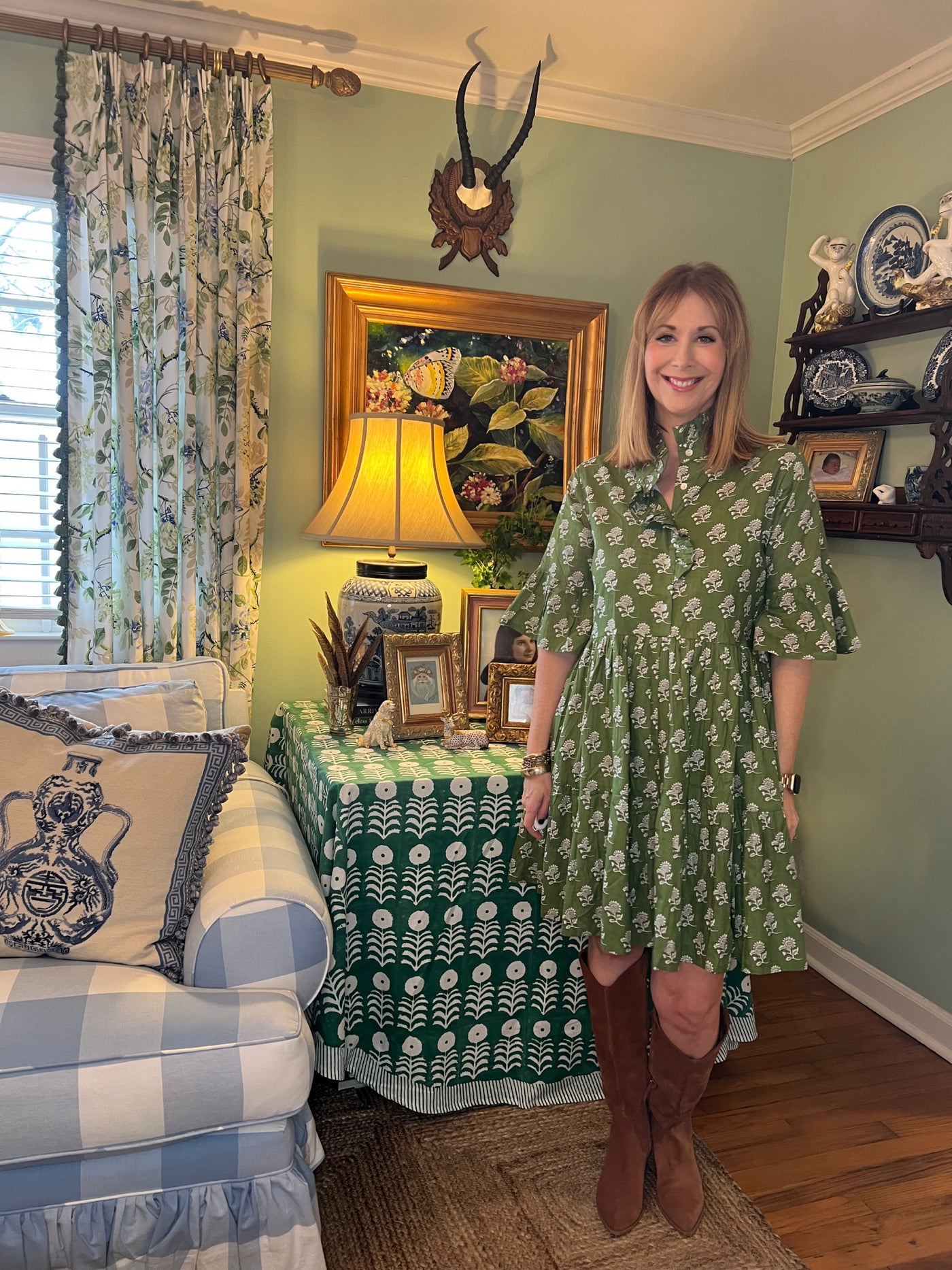 Caroline Ruffled Mini Dress in Green Floral