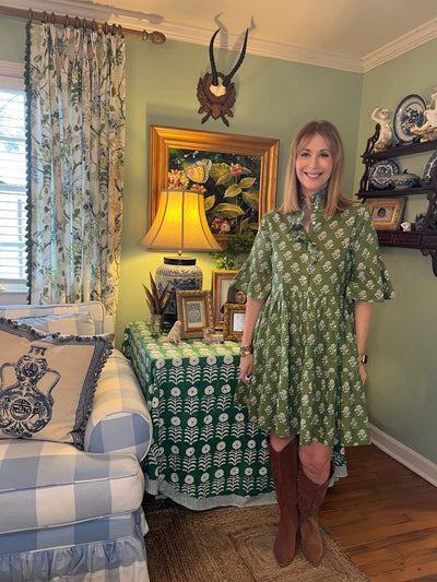 Caroline Ruffled Mini Dress in Green Floral