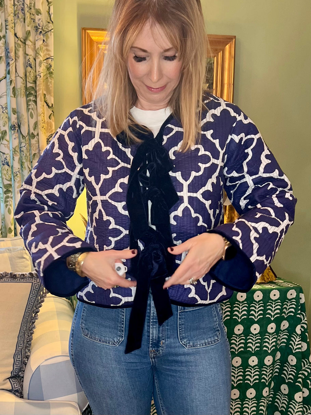 Tatum Quilted Block Print Jacket with Velvet in Blue & White |  Jackets - Miss Madigan | Women's Fashion Boutique
