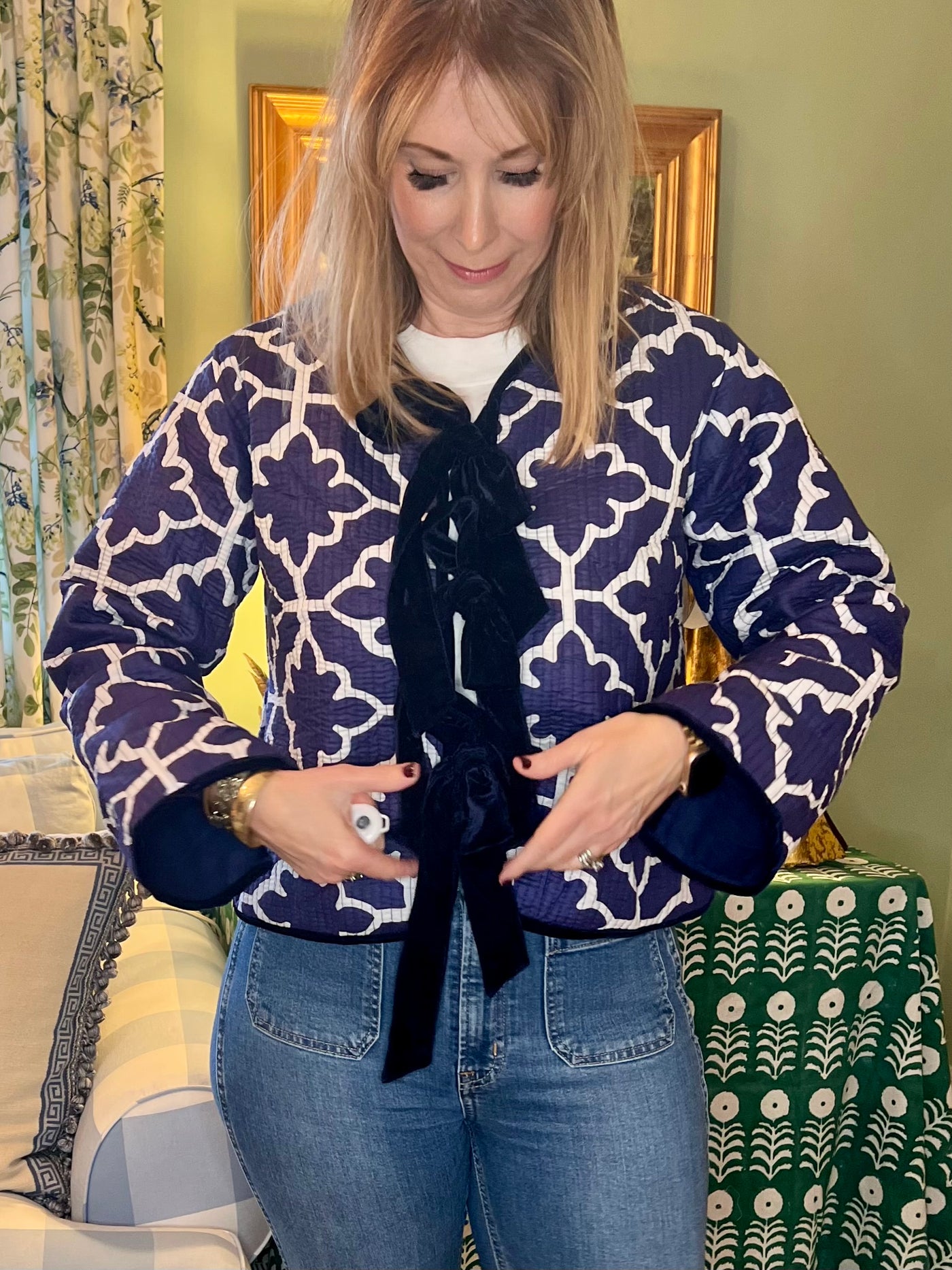 Tatum Quilted Block Print Jacket with Velvet in Blue & White