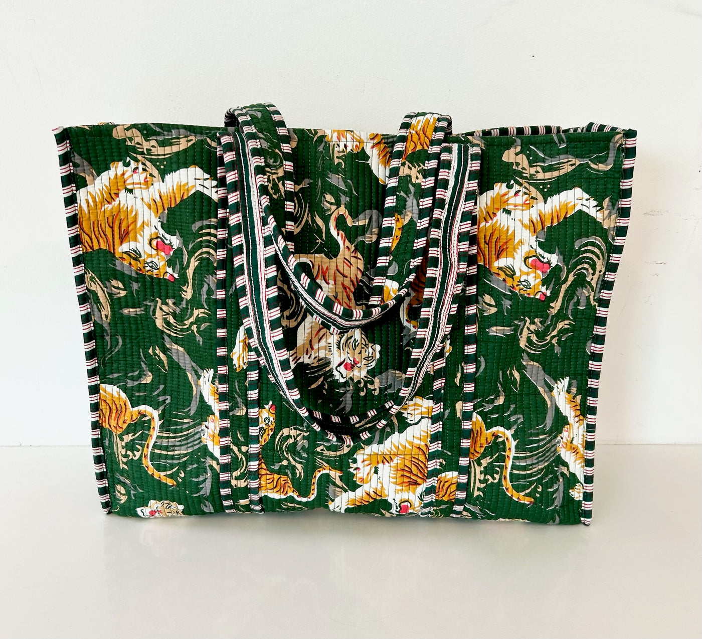 Block Print Green Tibetan Tiger Quilted Tote