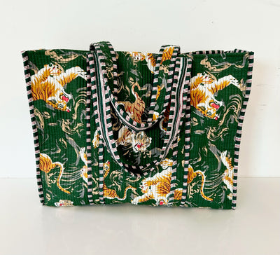 Block Print Green Tibetan Tiger Quilted Tote