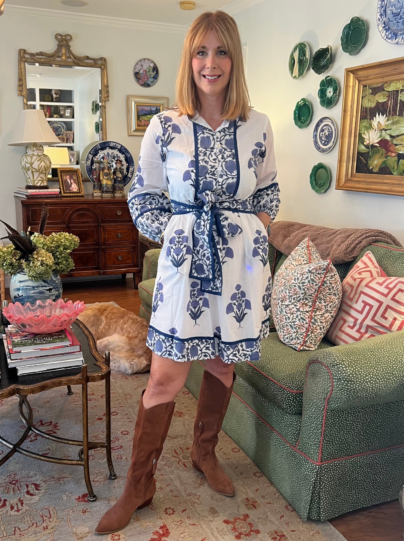 Emma Marigold Block Print Mini Dress in Navy
