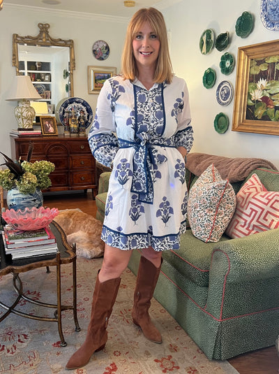 Emma Marigold Block Print Mini Dress in Navy
