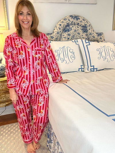 Dancing Tiger Blockprint Pajama Set in Pink & Red