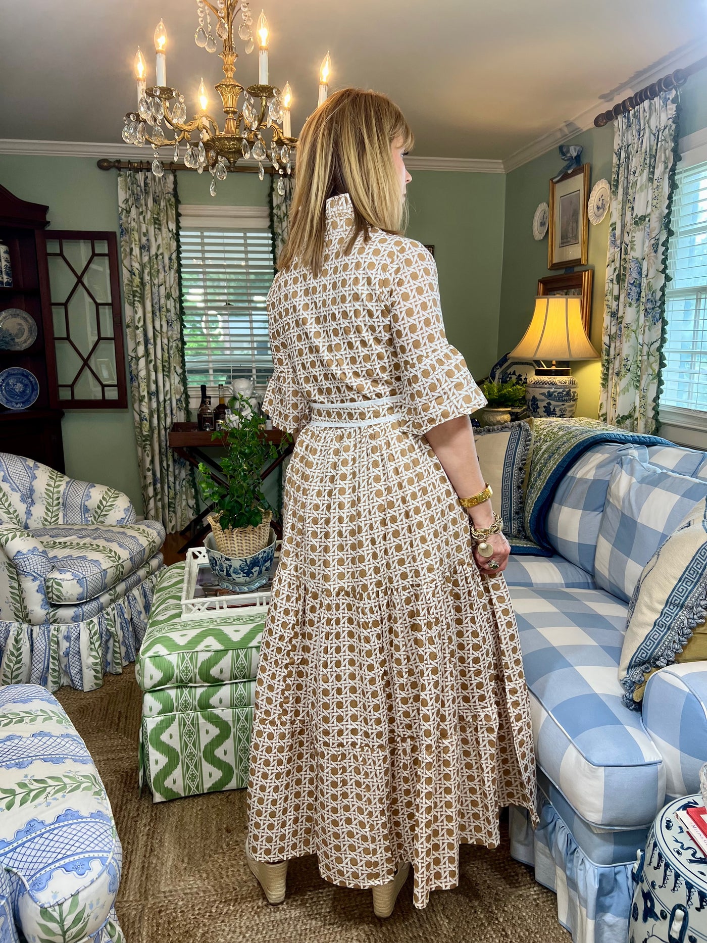 Caroline Ruffled Collar Blockprint Maxi Dress in Taupe