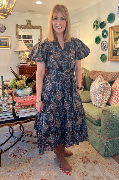 Birdie Floral Puff Sleeve Midi in Brown
