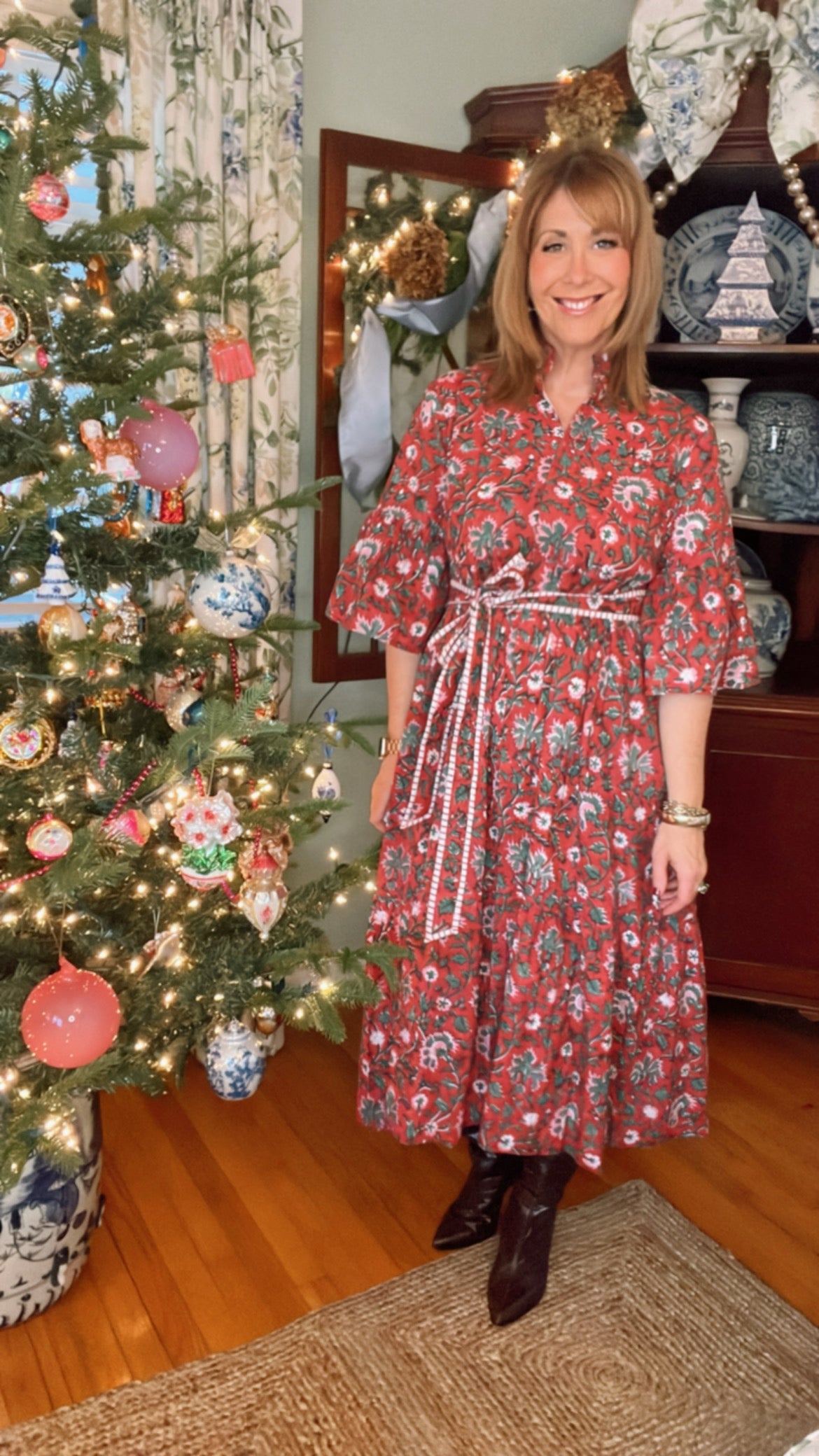 Cotswolds Block Print Midi Dress in Red