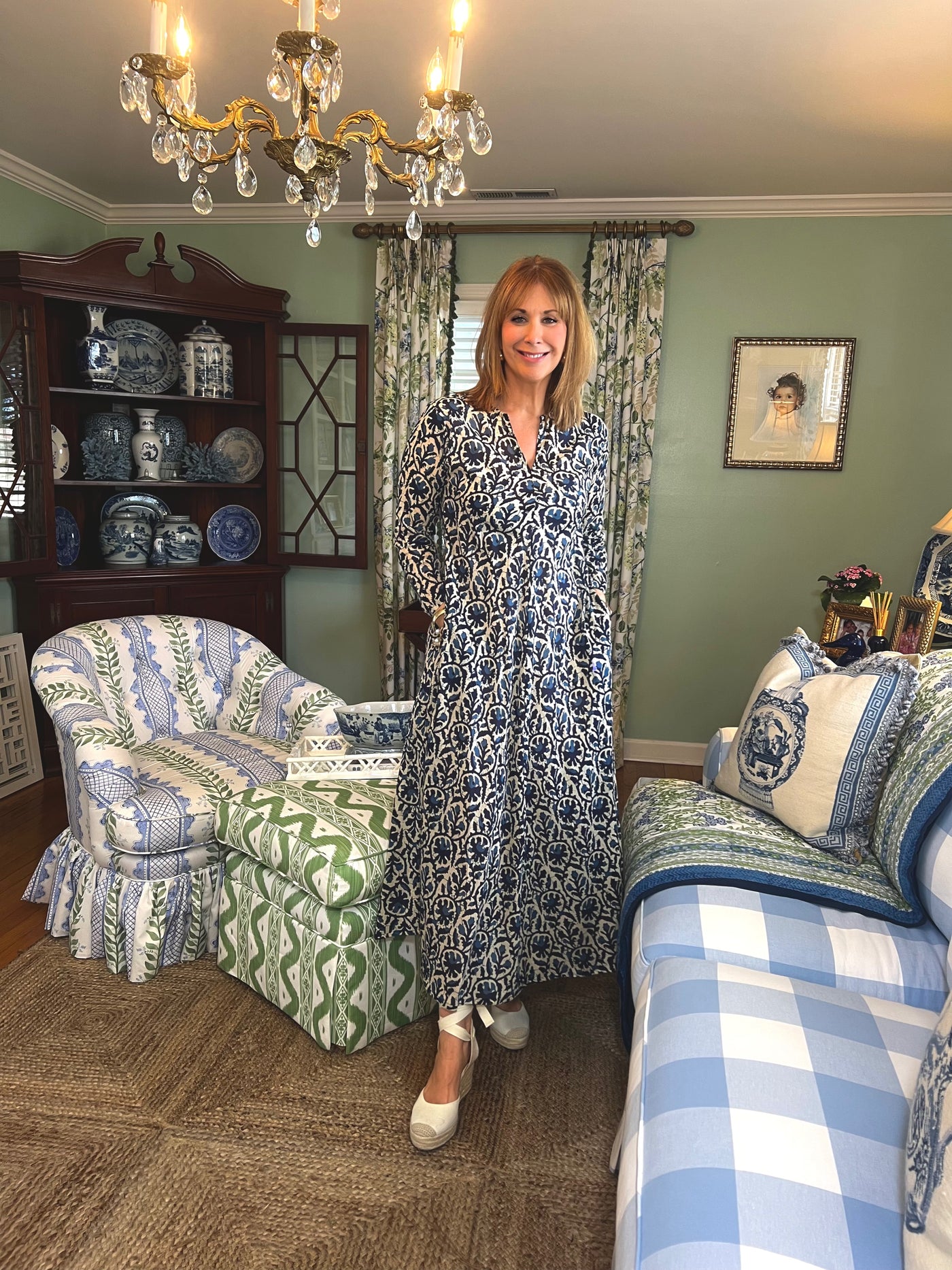 Calypso Blockprint A-line Midi Dress in Navy