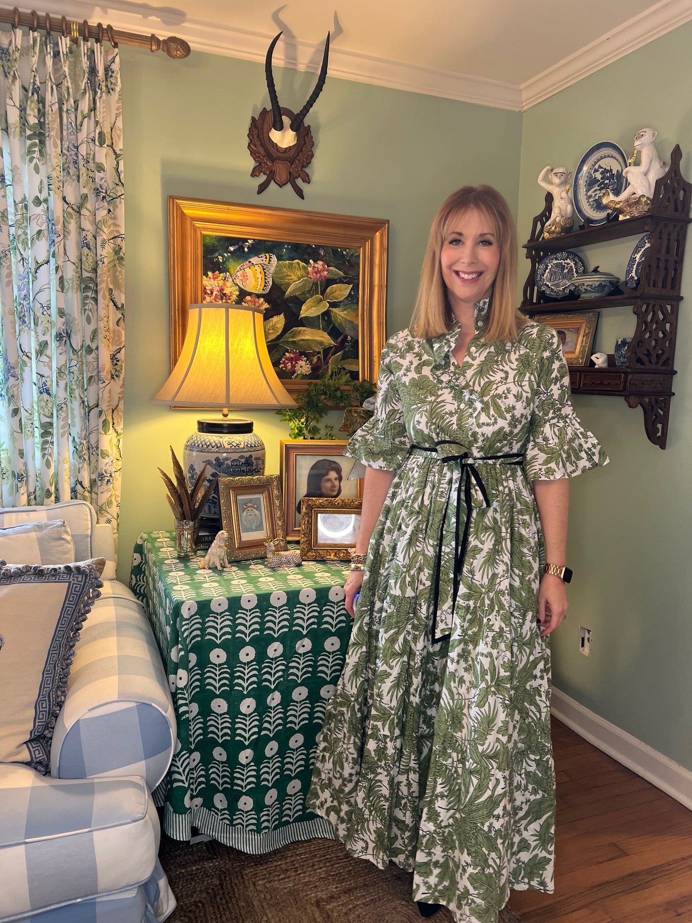 Caroline Ruffled Collar Blockprint Maxi Dress in Green