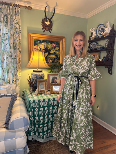 Caroline Ruffled Collar Blockprint Maxi Dress in Green