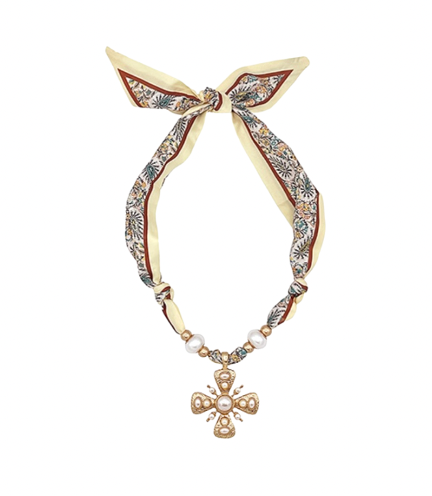 Taupe Cross Charm & Scarf Necklace
