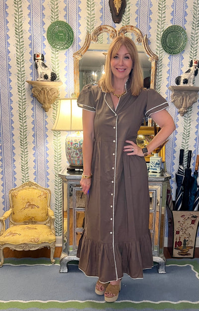 Heather Collar Blockprint Maxi Dress in Brown